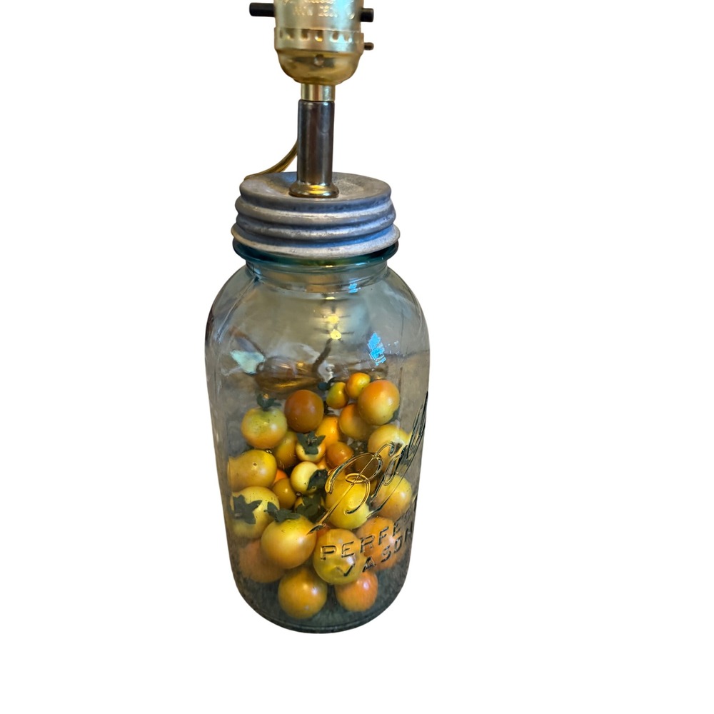 Vintage Ball Perfect Mason Blue Glass Jar Lamp with Faux Tomatoes Farmhouse